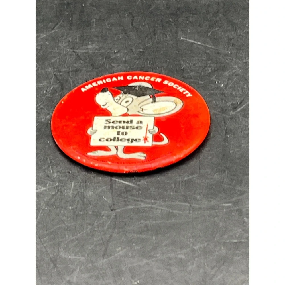 Vtg American Cancer Society Pinback Button Send A Mouse to College Pin‎ 1969